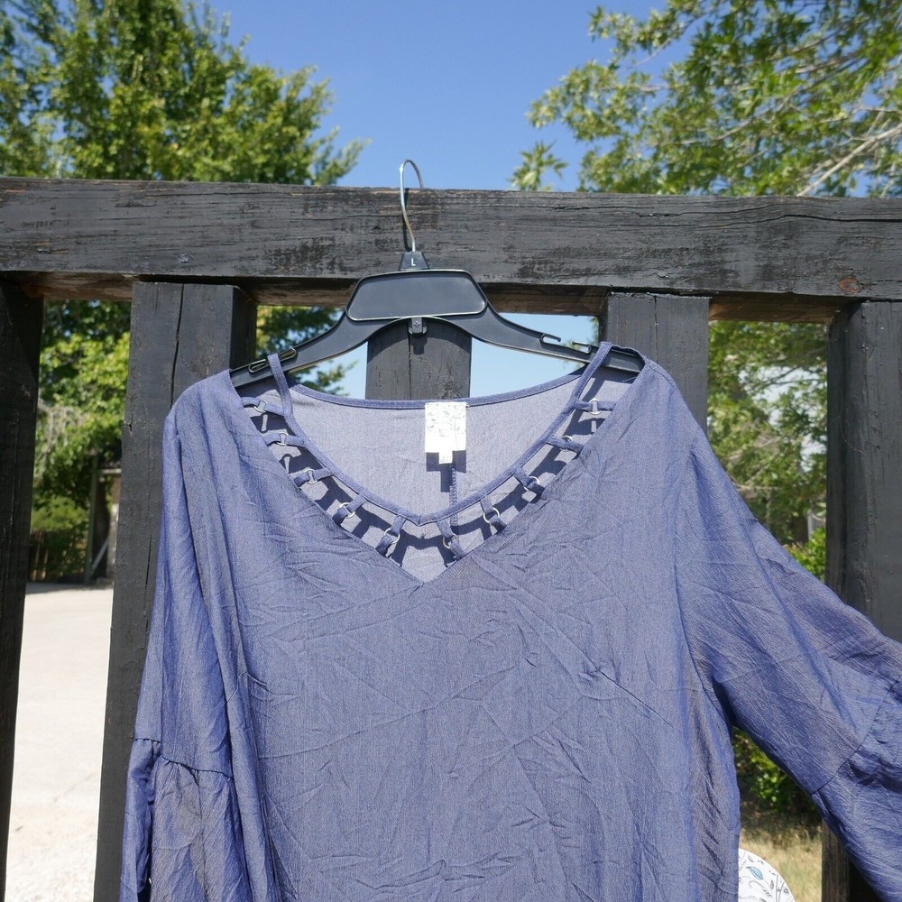 Naif Pullover Swing Dress Denim Blue Chambray NWT 1X Bell Sleeve - Picture 2 of 9